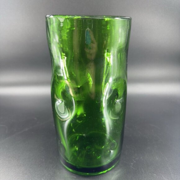 1970s Hand Blown Emerald Green Tall Cylinder Glass Vase Dimple Hand Made Vintage - Picture 10 of 14
